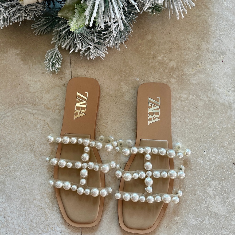 ZARA Tan Pearl-Strap Slide Sandals